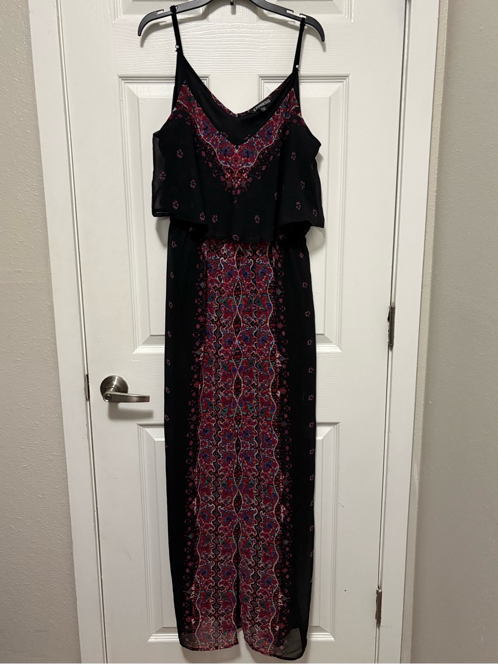 *Express Black & Red Boho Floral Y2K Whimsygoth Tiered Ruffle XS Maxi Dress #IR